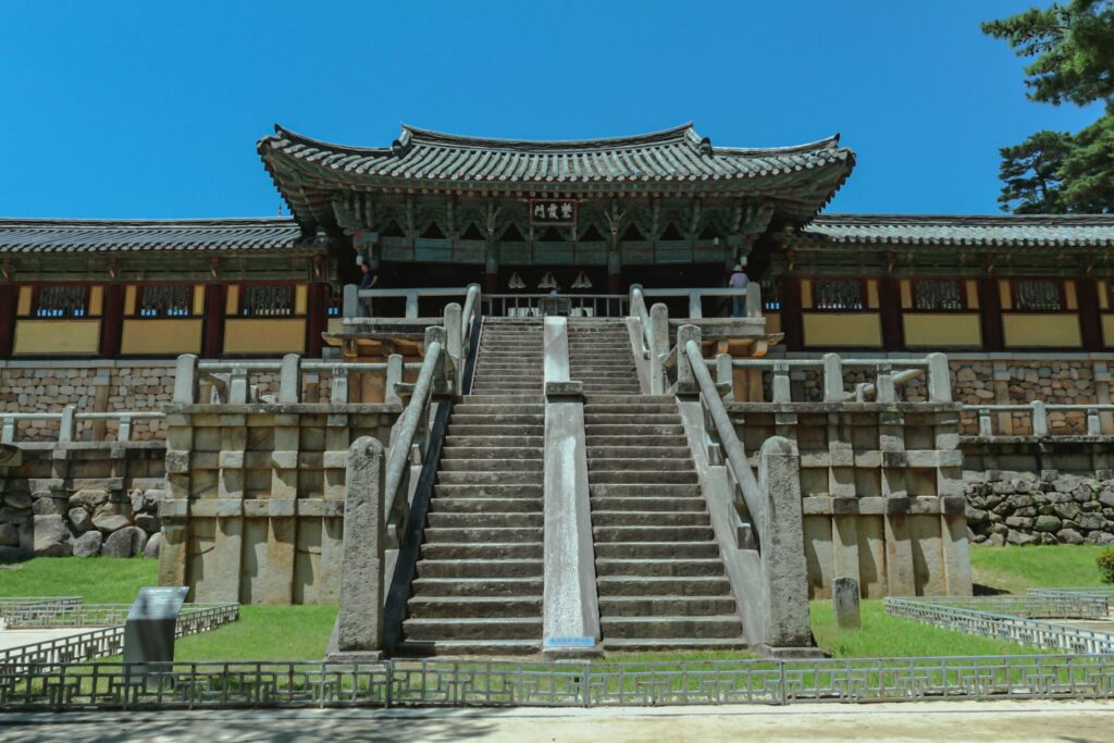 A scenic view of Bulguksa Temple's main hall and Dabotap Pagoda, a masterpiece of Silla dynasty architecture in Gyeongju.