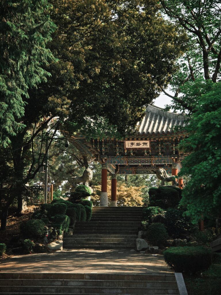 A serene wooden gate at a temple near Bulguksa, perfect for a traditional Korean temple stay experience.
