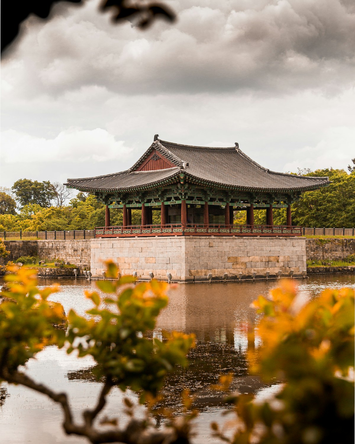 Anapji pond pavilion in Gyeongju reflected in still water
