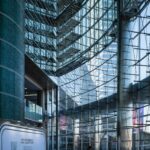 Glass atrium of a modern Seoul office and retail complex